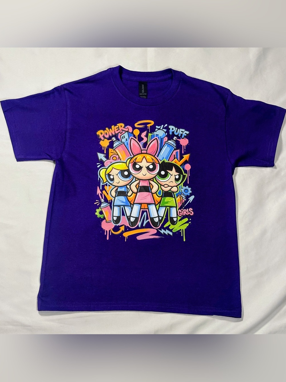 Purple Tee with Pink, Blue & Green Powerpuff Girls Graphic Size M New W/O Tags